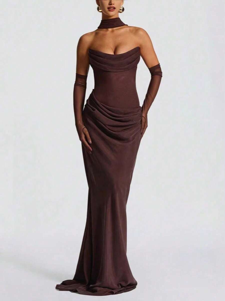 New Women's Clothing Temperament Elegant Fashion Gloved Pleated Dress - màu nâu - Xem 1