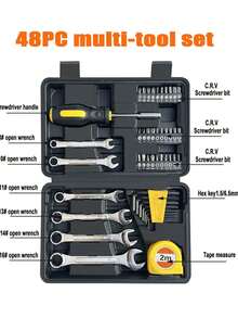 48件套家用多功能工具箱套装，包含各种五金工具、木工和汽车维修工具
