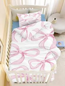 半件套粉色蝴蝶结婴儿床上用品套装 - 柔软被套套装，童话主题婴儿房床单，适合女宝宝，双面可爱粉色蝴蝶结设计，甜美粉色蝴蝶结婴儿床上用品