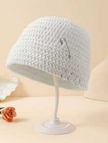 1 peça Unissex de Crochê Feito à Mão, Cor Sólida, Broche Removível, Gorro de Tricô Vazado, Estilo Urbano Moderno, Gorro de Inverno Quente - Multicolorido - Ver 13