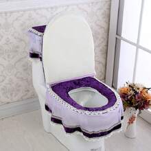 Juego de funda para asiento de inodoro, suave y cálido, con diseño de patchwork de encaje, para tapa de inodoro, cubierta para tanque de agua, decoración de baño - Morado - Ver 2