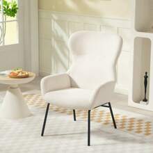 Poltrona estofada moderna estilo wingback, encosto alto, estofamento espesso, pés de aço, branco creme - Bege - Ver 1