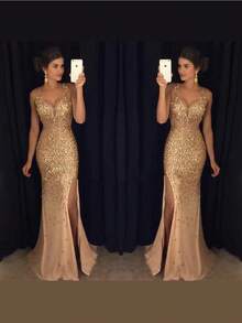 Women's Elegant Gold Sequin Maxi Dress Fall Winter Sexy New Cut Formal Ball Gown - Vàng - Xem 3