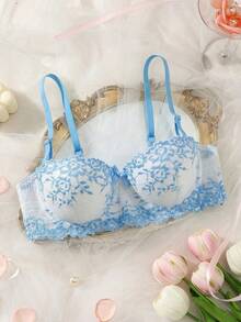 女士蕾丝塑形钢圈文胸，性感半透明 - 藍色 - 查看 5