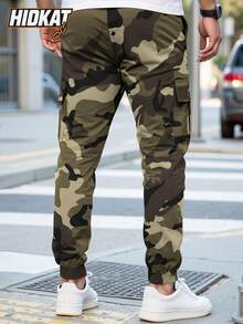 Hidkat Men's Lightweight Thin Camouflage Cargo Pants, Large Pockets Design, Elastic Waist With Drawstring, Breathable Jogger Pants For Casual Outdoor Activities, Spring/Autumn - Khaki - View 4