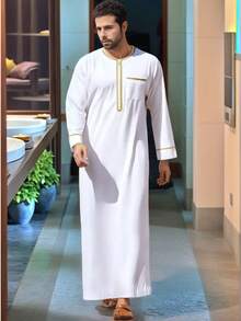 Men's Saudi/Dubai Style White Robe/Kandura - Middle Eastern Islamic Ramadan Long Robe, Suitable For Eid And Ramadan Prayer, Long Sleeve Loose Arabic Robe, Saudi Style Ramadan Prayer Robe, Lightweight Arabic Prayer Robe, White Eid Ramadan Islamic Robe Kandura - White - View 4