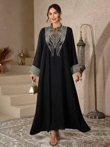 1pc Muslim Women's Gold Embroidered Abaya Robe - Embroidery Design, Long Sleeve Festival Dress Suitable For Eid, Weddings And Religious Ceremonies, Traditional Muslim Clothing - Black - View 6