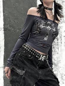 女士休闲时尚街头Y2K风格印花修身长袖上衣 - 深灰色 - 查看 1