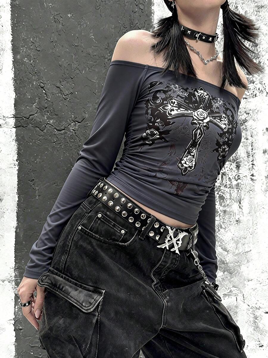女士休闲时尚街头Y2K风格印花修身长袖上衣 - 深灰色 - 查看 1