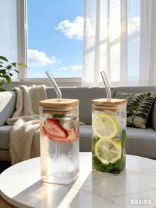 1 Stück 400ml quadratischer, hitzebeständiger Kaffee-Glas-Becher mit Deckel und Strohhalm, transparenter Milch-Tee-Saft-Becher, Kaffeetasse für Zuhause, Bar, Trinkgeschirr, Schul-Zubehör - Verschiedenfarbig - Übersicht 3