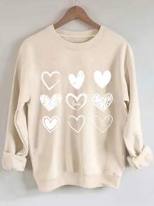 Women's Valentine's Day Heart Print Sweatshirt - Soft Stretchy Pullover Sweater, Cozy Casual Round Neck Long Sleeve Blouse, Light Beige-Friendly For F - 杏色 - 查看 5