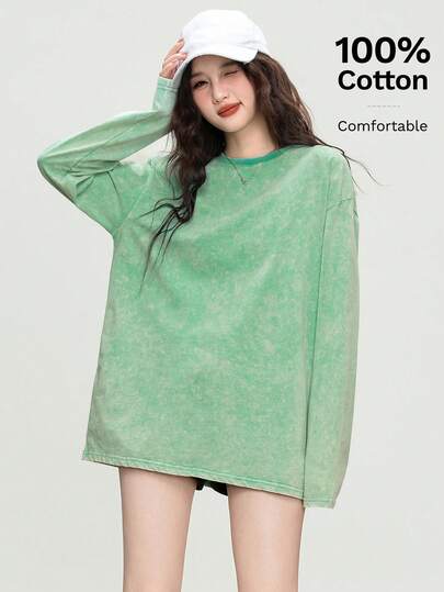 女士简约纯色长袖上衣，复古美式风格纯棉T恤