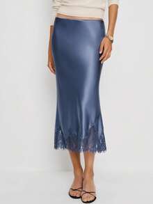 Women Lace Satin Maxi Skirt Y2K Lace Trim Silk Half Slip Skirt Elegant High Waist Flowy A Line Long Underskirt Going Out Streetwear - 藍色 - 查看 3