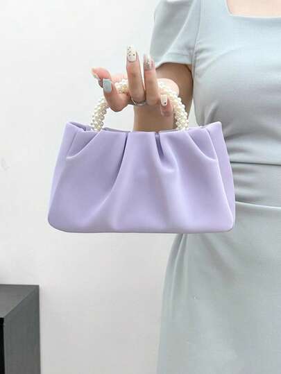 New Versatile Fresh Cute Pearl Handbag, Pleated Shoulder Crossbody Cloud Bag, Suitable For Evening Party & Date