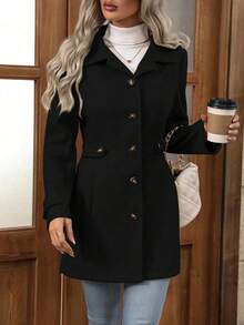 Elegant Women's Mid-Length Coat With Lapel And Buttons, Slim Fit Style, New From The Autumn/Winter Collection. - màu đen - Xem 5