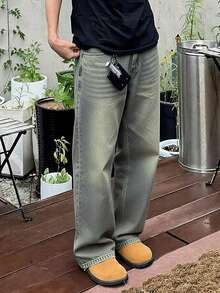 Quần jeans nam dáng suông, màu vàng bùn, phong cách cổ điển Y2K, màu bạc giặt mài, thích hợp cho mọi mùa. - Màu Mù tạt vàng - Xem 2