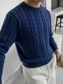 Jersey de cuello redondo de manga larga con estampado floral versátil y elegante para hombre, otoño/invierno - Azul Marino - Ver 2