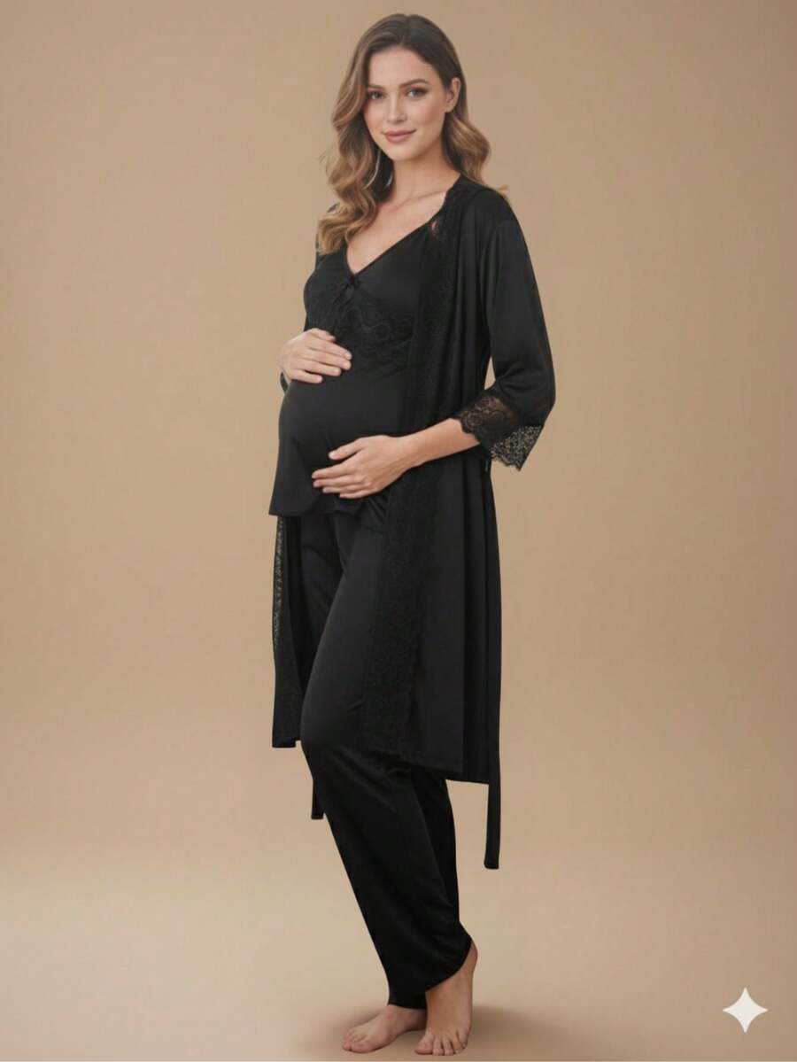 BabyDoll Nursing Pajama Set With Long Pants And Top With Click Closure + Lace Robe - Negro - Ver 1
