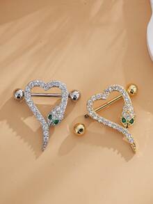 2 piezas Anillos de pezón de cobre con circonita en forma de corazón de serpiente, de acero inoxidable, joyería para perforación adecuada para uso diario - Multicolor - Ver 3