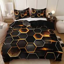 3pcs Cyberpunk Honeycomb Textured Printed Duvet Cover Set, Black & Gold Color Scheme, Hexagonal Honeycomb Pattern With Luminous/Gradient Texture, Futuristic Design, Suitable For Bedroom And Guest Room Bedding Decor (1 Duvet Cover + 2 Pillow Shams, No Filling) - Black - View 6
