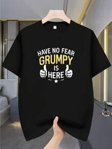 Men's T-Shirt With Funny Slogan "Don't Be Afraid, The Grump Is Here" - Gold Text Print On Black, Casual Street T-Shirt, Lightweight Short Sleeve For Gym, Parties And Casual Wear, Regular Fit For All Seasons - 黑色 - 查看 1