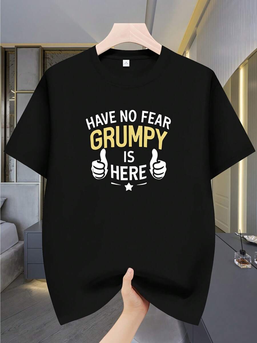 Men's T-Shirt With Funny Slogan "Don't Be Afraid, The Grump Is Here" - Gold Text Print On Black, Casual Street T-Shirt, Lightweight Short Sleeve For Gym, Parties And Casual Wear, Regular Fit For All Seasons - 黑色 - 查看 1
