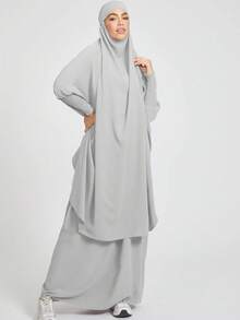 2pcs Nida Fabric Women Loose Comfortable Khimar Abaya Dress Set, Elastic Sleeve Design, Loose Fit, Conservative, Suitable For Women's Daily Wear, Prayer Hijab Jilbab - 彩色 - 查看 10