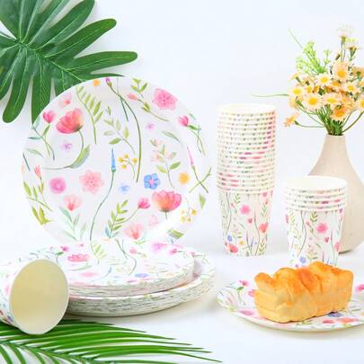 Wildflower Disposable Tableware Set, 7/9 Inch Party Plates, Disposable Paper Plates And Cups Suitable For Holidays, Weddings, Engagements, Weddings, Birthdays, Parties, Celebration Events