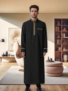1 chiếc áo choàng dài nam màu trơn cổ đứng kiểu Ả Rập, kiểu Saudi Kandura/Dubai - Áo choàng dài Hồi giáo cao cấp dành cho nam, phù hợp cho lễ Eid và mặc hàng ngày, dáng rộng, kiểu Dishdasha/Ma-rốc, chất vải mềm mại và thoải mái, thoáng khí, trang phục truyền thống Trung Đông, áo choàng cầu nguyện Hồi giáo. - màu đen - Xem 4