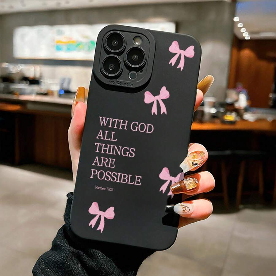 Funda Transparente de Impresión de Arte Única Una Funda Minimalista Negra para Teléfono con Diseño de Lazo Rosa, Hecha de Material TPU, con Recortes Precisos para Protección contra Caídas, Compatible con los Modelos de 6/7/8/X/11/12/13/14/15/16 Pro/16 Pro Max/16 Plus. Muestra tu estilo - 1 pieza - Ver 1
