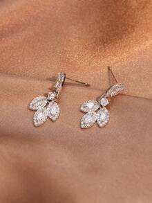 rakol 2pcs Elegant Cubic Zirconia Stud Earrings With Leaf Design, Suitable For Brides And Weddings - Silver - View 3