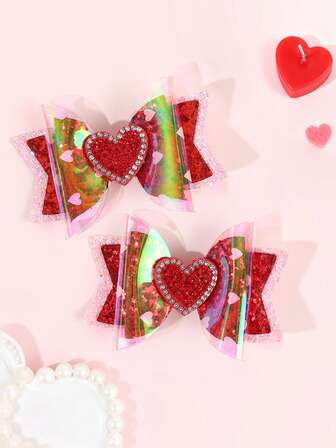 2pcs Valentine's Day Heart Hair Bows For Girls Delicate Glitter Bow Alligator Clips Heart Shaped Rhinestones Hair Clips Cute Sweet Barrettes Party/Gift Hairpins Teens Hair Accessories