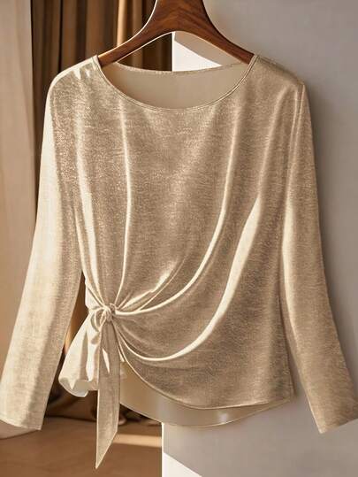 Minimalana Women's Loose Casual Romantic Asymmetric Hem Drawstring Crew Neck Long Sleeve Pullover, Suitable For Spring/Summer Outdoor Travel, Photography, Brunch, And Also Suitable For Autumn