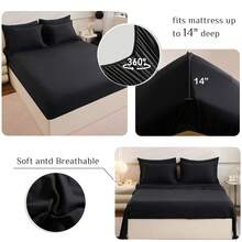 7pcs Full Queen King Black Dark Grey Green White Quilted Comforter Fitted Sheet Flat Sheet Mattress Protector Cover And Pillowcases Sets - 黑色 - 查看 3