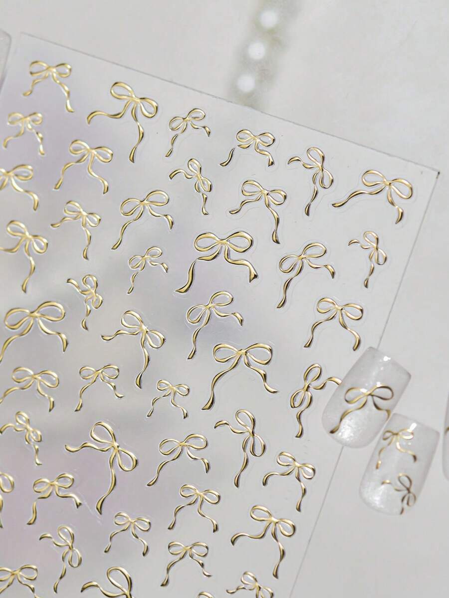 1pc 5D Exquisite Bowknot Nail Art Sticker, Gold Bowknot Self-Adhesive Nail Sticker, DIY Nail Decoration Sticker Nail Stickers - 金色 - 查看 1