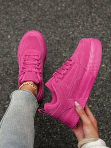 Women's Minimalist Solid Color PU Leather Patchwork Comfortable Versatile Vivid Fuchsia Flat Casual Shoes, Personalized Outdoor Fashion Daily Commute Business Front Lace-Up Skateboard Sneakers - Hot Pink - View 2