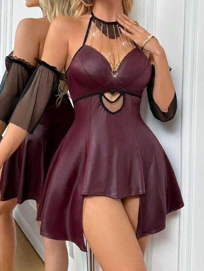 4pcs Cosplay Costume Set: Maroon Skirt And Shorts With Metal Chains