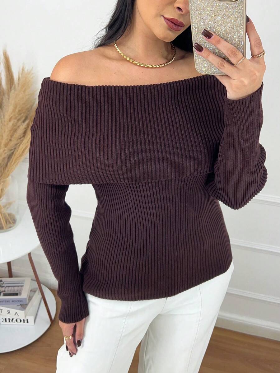Women's Off-Shoulder Knit Sweater With Long Ribbed Sleeves, Modern Casual Style, Winter Fashion. - 咖啡棕色 - 查看 1