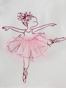 4pcs/Set Baby Girls Summer Outfit - Ballet Girl Print Mesh Dress & Striped Print Sleeveless Top + Solid Striped Casual Shorts Set - White - View 5