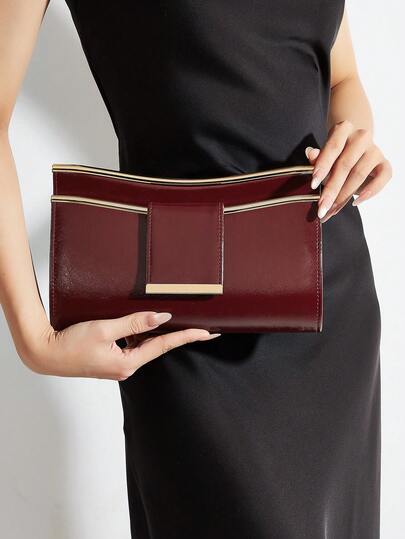 1pc Autumn/Winter Burgundy Leather Clutch Bag. Fashionable Women's Accessory. Luxurious & Alluring Metallic Patchwork Envelope Bag With Magnetic Closure, Elegant & Stylish, Comes With Chain Shoulder Strap, Suitable For Women To Use At Birthday Parties, Weddings And Dance Gatherings, It Is The Best Gift For Girls On Valentine's Day