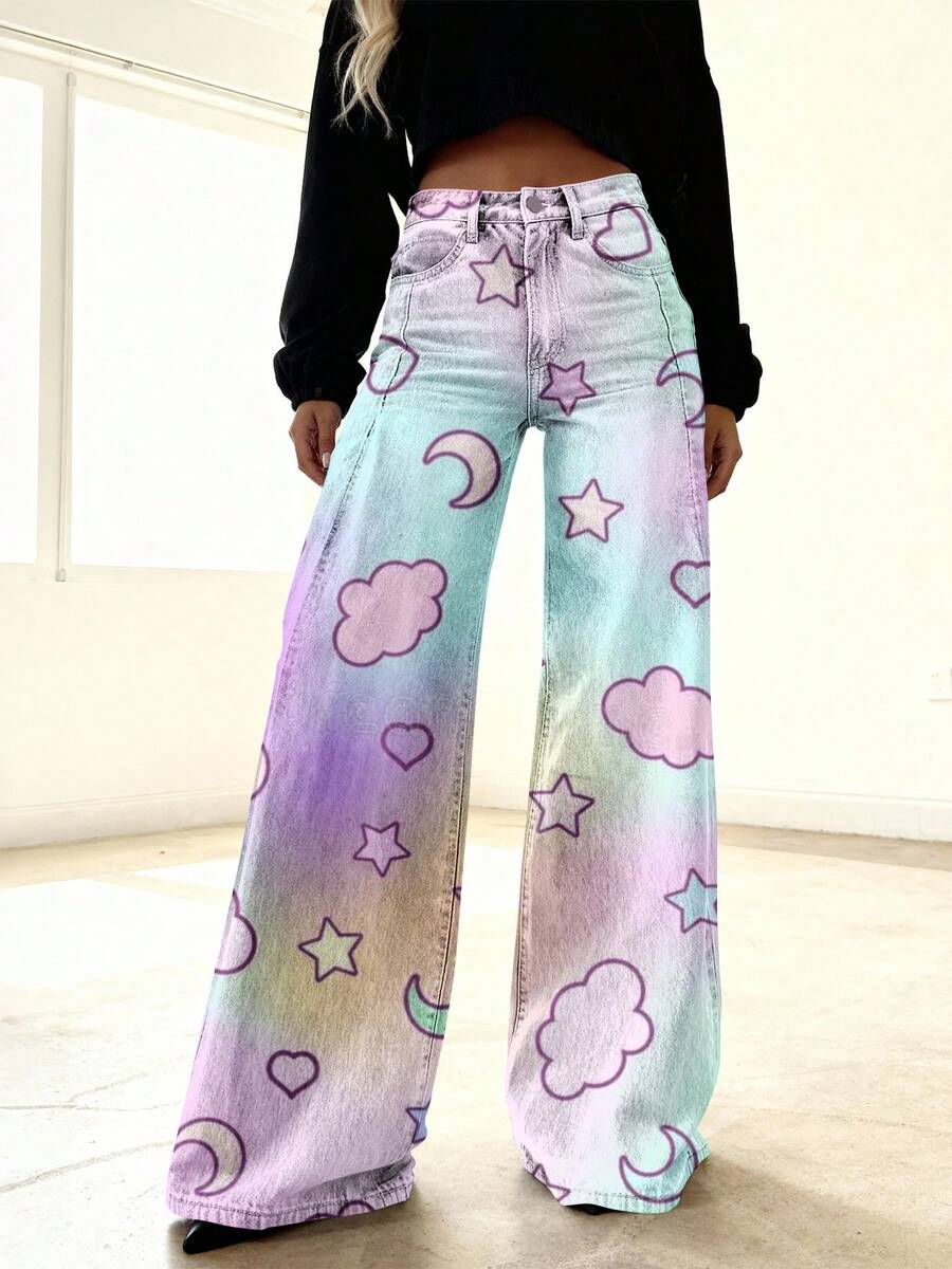 Women's Plus Size Vintage Wide-Leg Bell-Bottom Denim Pants - High-Waisted Stretch Washed Jeans With 3D Star/Heart/Cloud/Moon Prints, Beltless Button Closure For Party & Casual Outfits (Fall/Winter) - Comfortable Loose Trous - 彩色 - 查看 1
