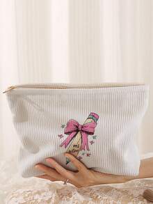 حقيبة مكياج من الكوردروي بنمط الفيونكة، حقيبة مكياج خفيفة الوزن مزودة بسحاب، حقيبة تخزين مستحضرات التجميل المحايدة، منظم مكياج، حقيبة غسيل، حقيبة سفر للمستحضرات - متعدد الألوان - مشاهدة 8