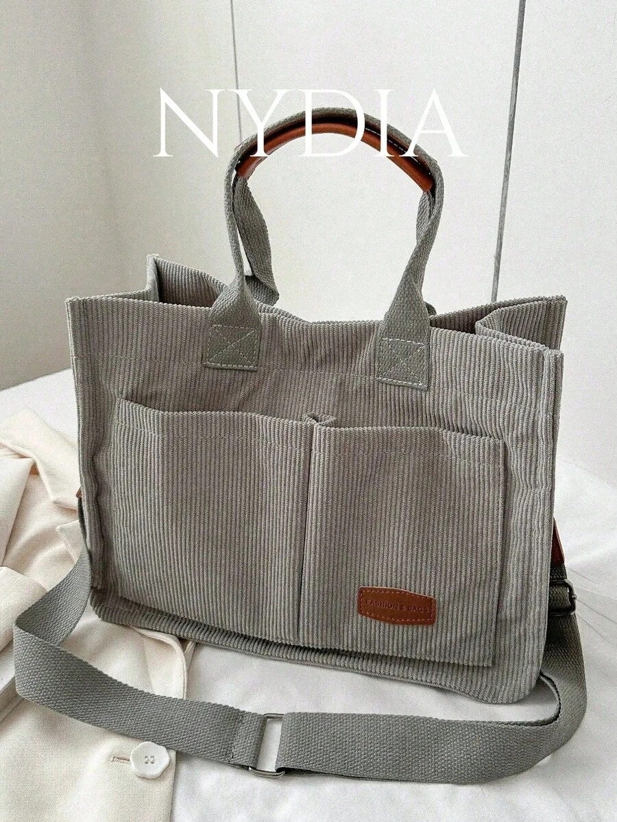 Striped Corduroy Foldable Tote Bag, Large Capacity - Grey - View 1