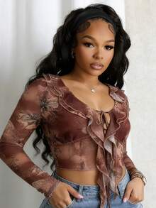 Women's Fashion Sexy Vacation Casual Random Digital Print Twist Sheer Asymmetric Bodycon Crop Top - Multicolor - View 3