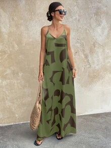 优雅无袖露背珍珠印花女士长裙，适合婚礼、派对、海滩、度假、情人节、毕业典礼等场合。 - 彩色 - 查看 4