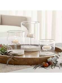 1pc Glass Hurricane Candle Holder, Cylindrical Transparent Tea Light Candle Holder, Centerpiece Decor For Dining Table, Wedding, Party, Birthday, Indoor & Outdoor Use - Multicolor - View 11