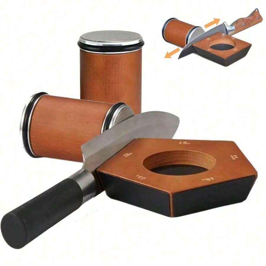 Rolling Knife Sharpener Set With Diamond And Ceramic Discs, 15°20°, Different Angles For Sharp Edges, Suitable For Any Hardness Of Steel, Wooden Grips For Honing Knives Sharpening Kitchen Gadgets - 5 ANGLES- BROWN - View 1