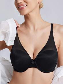 Wingslove 女士亮片透视网纱钢圈文胸 - 无缝深V领，可转换交叉肩带 | 轻盈透气侧边拼接，性感时尚，适合日常穿着 - 黑色 - 查看 5