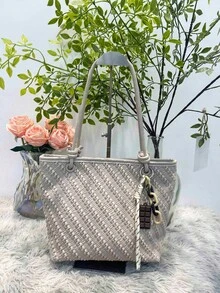 Women's Woven Textured Handbag With Knotted Handle And Detachable Tassel, Bohemian Style Shoulder Bag, Coffee/Black/Brown/Beige - Beis - Ver 1