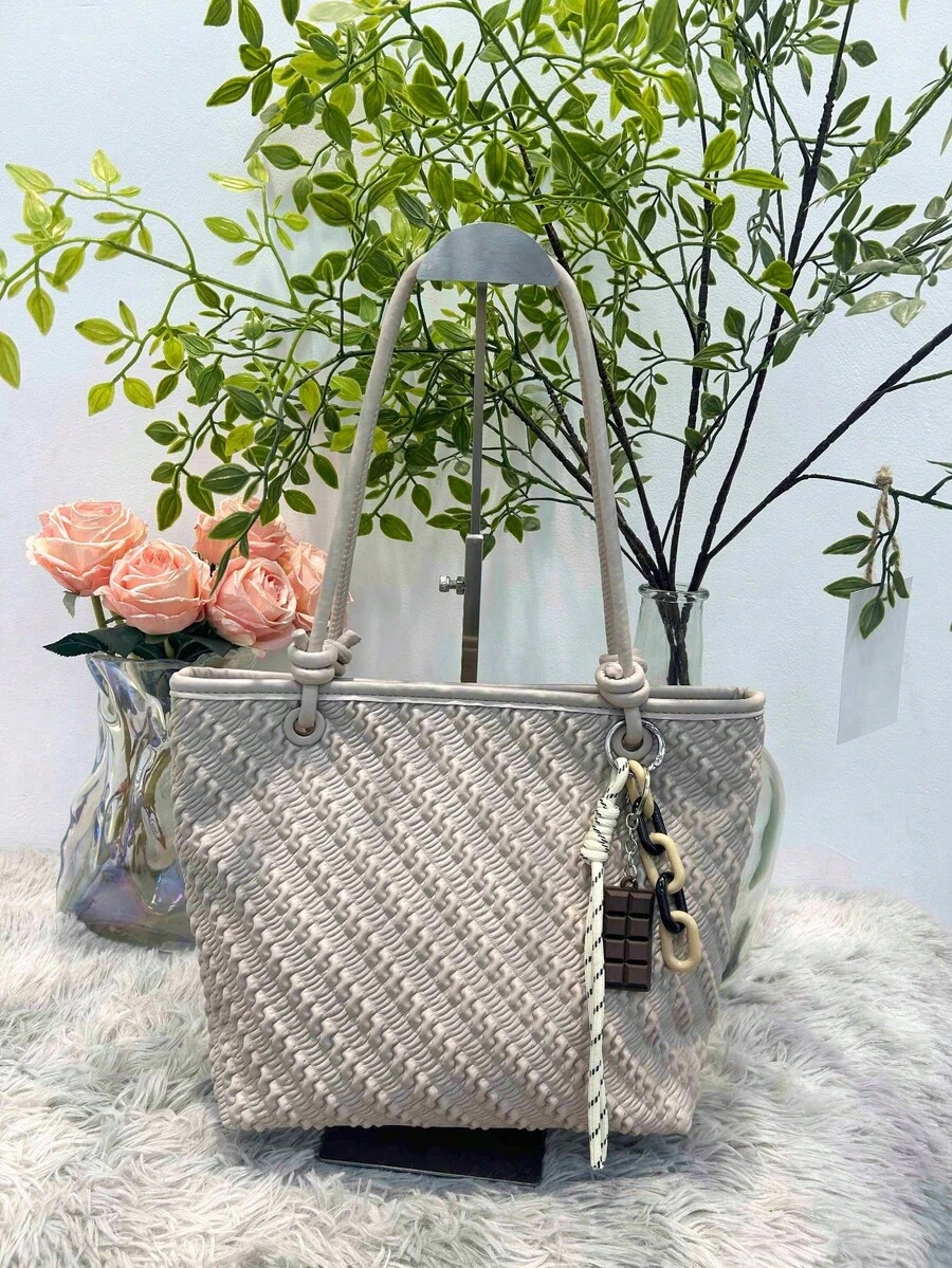 Women's Woven Textured Handbag With Knotted Handle And Detachable Tassel, Bohemian Style Shoulder Bag, Coffee/Black/Brown/Beige - Beis - Ver 1